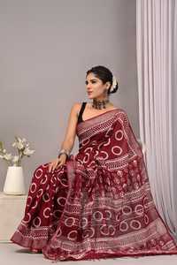HandBlock Print Premium Cotton Linen <b>Saree</b> <b>for</b> <b>Women</b> – Soft Breathable Traditional Indian Ethnic Wear - Product Image 1