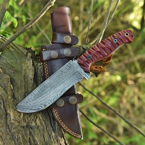 Hand Forged Damascus Steel Bushcraft Knife Micarta Handle Full Tang Bowie Knife with <b>Leather</b> Sheath Custom OEM/ODM Support - Product Image 3