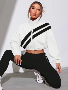 Conjunto Deportivo de Dos Piezas para Mujer, Chaqueta Corta Cortavientos |   Chaqueta con cremallera y estampado de rayas diagonales y leggings deportivos de cintura alta - Product Image 6