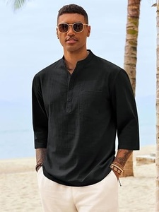 <b>Men's</b> Black <b>Henley</b> <b>Shirt</b> Solid Color Button Down Casual Style Woven Fabric Long Sleeve Top - Product Image 3