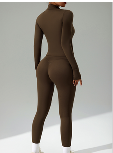 Ensemble de yoga uni pour femme, 2 pièces, col roulé, legging taille haute et crop top, sans couture, en Spandex et Polyester, tenue d'entraînement longue - Product Image 2