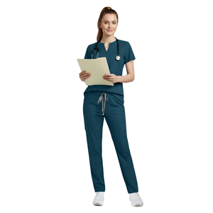 Ensemble de blouses médicales unisexes, col en V, manches courtes, uniforme extensible, tissu tissé avec poches pour hôpital, clinique, clinique vétérinaire - Product Image 1