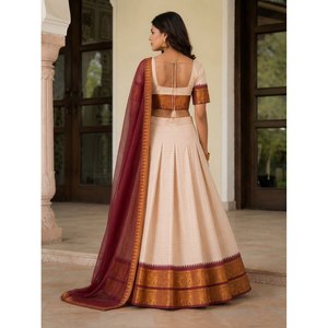 Lehenga demi-sari en coton blanc cassé style Inde du Sud avec broderie Zari, broderie ethnique en soie, taille XL, pour fêtes et usage quotidien, prix bas - Product Image 2