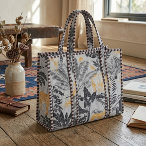 Sac fourre-tout matelassé à imprimé animalier jungle personnalisé, sac à main en fibre de coton naturel avec passepoil contrastant, sac de plage écologique - Product Image 6