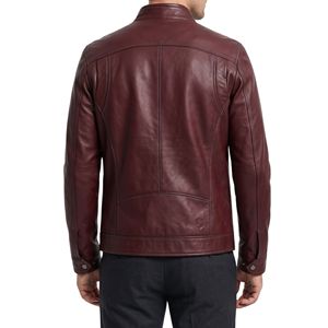 Oxblood Maroon Horizontal Buttoned <b>Men</b> <b>Leather</b> <b>Jacket</b> Flap Pockets Band Collar Streetwear Breathable <b>Leather</b> <b>Jackets</b> - Product Image 2