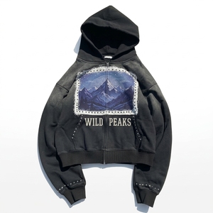 Sudadera con capucha personalizada de felpa francesa con gráficos y remaches, de algodón de alto gramaje, con cremallera, efecto vintage lavado ácido, descolorida por el sol, corta y con pedrería - Product Image 2