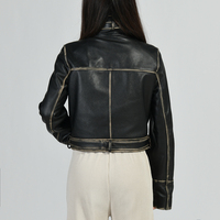 Blouson aviateur en cuir véritable pour femme, col montant, manches longues, ceinture ajustable à la taille, coupe courte, coupe-vent pour l'hiver