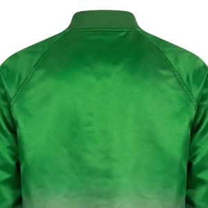 Green Pink Ombre Satin Bomber <b>Jacket</b> Women Embroidered Crest Letter Design Button Front Casual Fashion Varsity Outerwear - Product Image 3