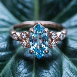 Anillo de Topacio Azul Corte Marquesa en Plata de Ley 925 Chapado en Oro, Anillo de Lujo con Piedra Preciosa para Mujer, Regalo de Boda o Compromiso - Product Image 1