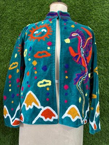 Premium Turquoise <b>Velvet</b> Embroidered Suzani <b>Jacket</b> With Dragon Pattern Full Sleeve Stand Collar Bohemian Winter Outerwear - Product Image 5