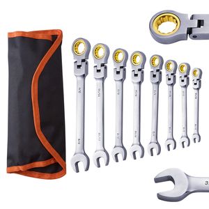 Set di 8 Chiavi Combinate a Cricchetto con Testa Flessibile da 17mm in Acciaio Cr-V, con Chiave a Bussola da 12mm e Custodia Arrotolabile - Product Image 1