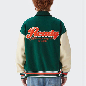 Veste Varsity Homme Verte Broderie Lettre R 24 Style Preppy Col Montant Coupe Droite Hiver Coupe-Vent Tissu PU Polyester - Product Image 3
