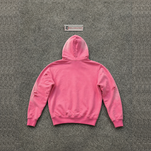 Sudadera con capucha oversize rosa con gráfico de ángel desgastado, unisex, informal, de forro polar, para otoño, estilo urbano desgastado, icónico y elegante. - Product Image 6
