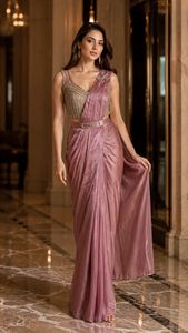 Elegante Sari de Seda Morado con Blusa con Cuentas para Bodas, Estilo Indio-Pakistaní, Largo hasta el Suelo, Corte Regular para Mujer - Product Image 3