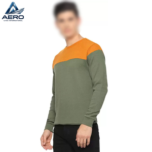 Sweat-shirt en molleton colorblock pour homme, personnalisé, vert olive et jaune moutarde contrastant, col rond, pull décontracté, vente en gros - Product Image 3