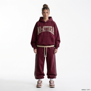 Custom Women <b>Burgundy</b> Rhinestone Hoodie Jogger Set Cotton Fleece Oversized Streetwear Tracksuit Wholesale - Product Image 1