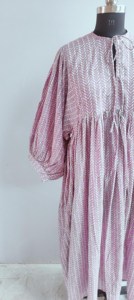 Ethnic Boho Pink Geometric Hand Print Cotton Midi <b>Dress</b> With Tie Neck Short Puff Sleeve <b>Loose</b> Fit Casual <b>Dress</b> For Women - Product Image 3