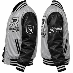 Veste de sport en satin pour homme, noire et grise, fermeture à boutons, style sportif, coupe-vent d'automne, design à patchs - Product Image 3