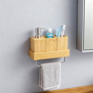 Ensemble d'accessoires de salle de bain en bambou de luxe, organiseur de vanité moderne avec distributeur de savon, porte-brosse à dents et rangement pour la maison - Product Image 5