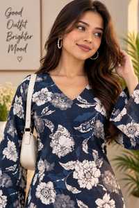 Blue Flower Printed <b>Kurti</b> | Tunic Top Trendy Short <b>Kurti</b> | Square Neck Ethnic Top | Short <b>Kurti</b> for Women - Product Image 4
