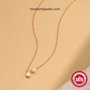 สร้อยคอจี้มุกเงินแท้ 925 ชุบทอง ประดับเพชรทรงหยดน้ำ สำหรับผู้หญิง - Product Image 3