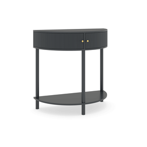 Tavolo Console Demi-Luna Artigianale con Motivo a Onde, Finitura Grigio Scuro Unico, Design a Mezzaluna, Tavolino con 2 Vani Portaoggetti per Casa e Hotel - Product Image 5