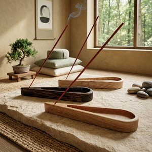 Ensemble de porte-encens en bois au design goutte d'eau de luxe, avec plateau attrape-cendres naturel, pour une aromathérapie élégante et parfumée à la maison - Product Image 6