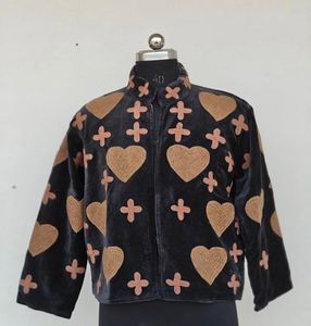 Veste matelassée en velours pour femme, col mandarin, applique cœur croisé, manches longues, fermeture éclair, manteau court d'hiver en coton - Product Image 1
