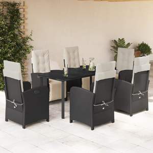 Set da pranzo da 7 pezzi in Poly Rattan nero con cuscini Set da giardino - Product Image 1