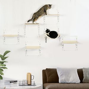 Mobili Moderni per Gatti da Interno, Set da 6 Pezzi Bianco Crema, con Piattaforme Regolabili in Altezza, Amaca e Casette per Animali Domestici - Product Image 1
