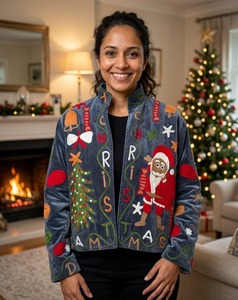 Chaqueta Bomber de Terciopelo Gris para Mujer, Marca Alif, con Bordado a Mano de Santa Claus, Cuello Alto, Manga Larga, Gruesa, para Invierno - Product Image 3