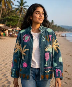 Chaqueta de terciopelo y algodón para mujer, color carbón, con bordado Suzani, hecha a mano, con motivos de palma, sol, corazón y flores, estilo bohemio étnico, abrigo de invierno, venta al por mayor - Product Image 3