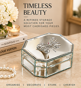 Caja de Almacenamiento de Joyas de Vidrio Plateado con Acento de Mariposa, Adorno de Cuentas, Acabado Brillante, Organizador Decorativo para Recuerdos - Product Image 5