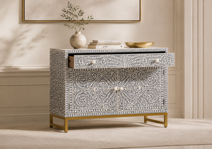 Light Gray Solid Wood Bone Inlay Dining Sideboard <b>Buffet</b> <b>Cabinet</b> 2 Drawers 4 Door Living Room Console Storage Furniture - Product Image 3