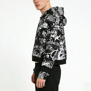 Sweat à capuche oversize pour homme, imprimé graffiti, fermeture éclair, streetwear, veste à capuche respirante en polyester tricoté, motif noir et blanc - Product Image 4