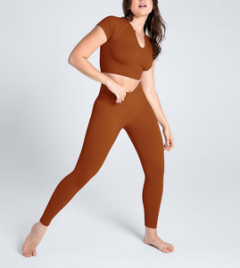Solid Breathable Sports V-Neck <b>Crop</b> <b>Top</b> T-Shirt & High Waist Bum Lift Leggings Yoga Set for Women Activewear Gym Fitness Outfit - Product Image 3