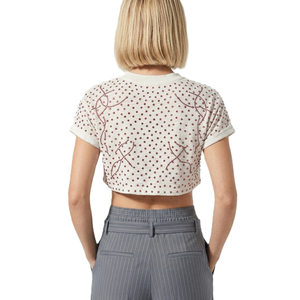 Y2K Rhinestone Studded Crop Top White Short Sleeve Crew Neck Blouse Crystal Beaded Cuffed Summer Tee Women's Shirts OEM Apparel - Product Image 2