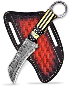 Cuchillo de Caza de Acero de Damasco de Alta Calidad, Afilado como una Navaja, de Grado Industrial, con Hoja Fija Tipo Pico de Halcón, para Campismo al Aire Libre, con Orificio para el Dedo, con Funda de Cuero - Product Image 1