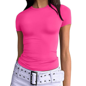 Custom Logo Women's Slim Fit Crew Neck Short Sleeve Knitted T-Shirt Casual Solid Color Top All Seasons - Product Image 5