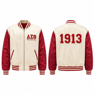 Chaqueta Universitaria Delta Sigma Theta Roja y Blanca con Bordado 1913 y Estampado Trasero, Estilo Preppy para Hombre, Chaqueta de Satén con Cierre Frontal - Product Image 1