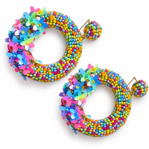 Boucles d'oreilles créoles multicolores en perles de verre avec paillettes, bijoux fantaisie faits à la main pour femmes, accessoires de mode - Product Image 1