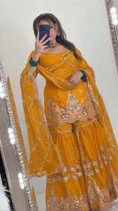 Ensemble Sharara brodé jaune avec dupatta, tenue traditionnelle indienne pour mariage et fête, longueur ras du sol, Fendy Crush, séchage rapide, infroissable - Product Image 3