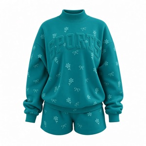 Women’s Casual Matching Set Printed Mock neck Sweatshirt Long Sleeve Pullover <b>Top</b> Elastic Waist Lounge <b>Shorts</b> Trendy - Product Image 5