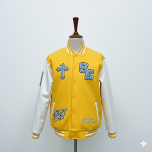 Yellow Varsity <b>Jacket</b> for <b>Men</b> Preppy Style Embroidered <b>Letter</b> SE Cross Design Turn-down Collar Regular Fit Autumn Wear - Product Image 1
