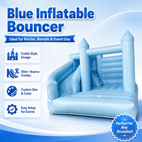 Château gonflable bleu avec toboggan, pour enfants, location pour fêtes en plein air, usage commercial, design personnalisé