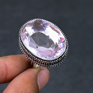 Magnifique bague en argent sterling 925 plaqué, sertie d'une kunzite rose taille ovale, faite à la main, de qualité supérieure, style vintage, très prisée - Product Image 3