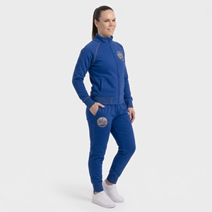 Ensemble de survêtement 2 pièces en polaire bleu pour femme, manches longues, col montant, logo brodé, vêtements de sport décontractés, coupe régulière - Product Image 1