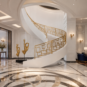 Rampe d'escalier géométrique dorée de luxe avec balustres à motif carré, main courante courbée pour l'aménagement intérieur de villa - Product Image 2