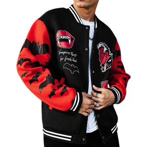 Black Red College Baseball <b>Jacket</b> <b>Men</b> Bat Print Graphic Sleeves Streetwear Varsity Double Breasted Front Thick Fleece Windproof - Product Image 1
