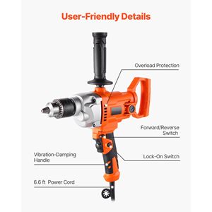 Trapano Elettrico con Cavo da 1/2 Pollice e Miscelatore, 850 RPM, 5.4A, Impugnatura a D, Pratico Miscelatore per Calcestruzzo - Product Image 6